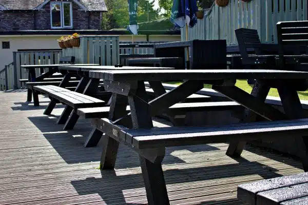 Plymouth picnic bench at Odd Wheel Pub in Wembury - pub garden furniture